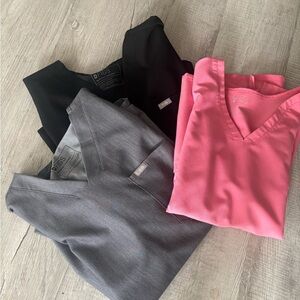Figs Scrub Tops in Pink, Gray, and Black